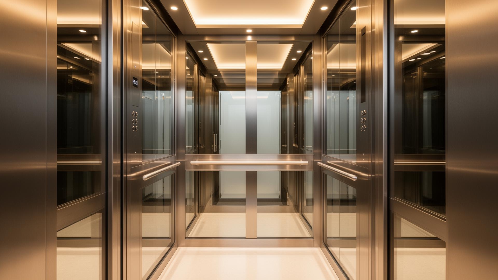 Interior de cabine de elevador em aço escovado instalada pela Salomão